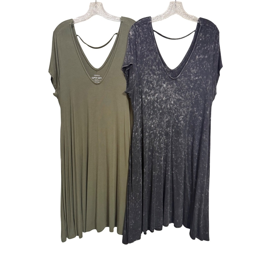 Torrid T-Shirt Dresses Lot Green/Grey Black Distress  Pockets V Neck 2 Size 2X